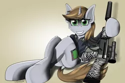 Size: 4500x3000 | Tagged: safe, artist:raptorpwn3, derpibooru import, oc, oc:littlepip, unofficial characters only, pony, unicorn, fallout equestria, fanfic, assault rifle, clothes, cute, dock, fanfic art, female, gradient background, gun, hooves, horn, jacket, mare, optical sight, pinup, pipbuck, rifle, scope, smiling, solo, teeth, vault suit, weapon, zebra rifle