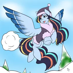 Size: 1440x1440 | Tagged: safe, artist:tabula-rasa, derpibooru import, oc, oc:neon winds, unofficial characters only, pegasus, pony, clothes, colored wings, female, flying, gradient wings, jacket, snow, snowball, solo, throwing, winter, winter outfit