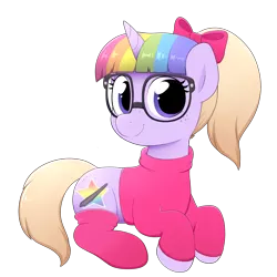 Size: 3000x3000 | Tagged: safe, artist:moozua, derpibooru import, oc, oc:lullaby tiara, unofficial characters only, pony, unicorn, 2018 community collab, derpibooru community collaboration, bow, clothes, female, freckles, glasses, hair bow, mare, simple background, socks, solo, sweater, transparent background