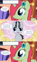 Size: 1280x2168 | Tagged: safe, artist:hakunohamikage, derpibooru import, oc, oc:garnet, oc:lucid daydream, unofficial characters only, pony, unicorn, ask-princesssparkle, ask, blushing, female, flower, golden oaks library, implied shipping, male, mare, stallion, tumblr