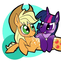 Size: 1000x1000 | Tagged: safe, artist:sallindaemon, derpibooru import, applejack, twilight sparkle, twilight sparkle (alicorn), alicorn, pony, alternate design, body freckles, female, freckles, hat, lesbian, mare, prone, shipping, simple background, transparent background, twijack