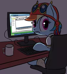 Size: 1235x1371 | Tagged: safe, artist:infrayellow, derpibooru import, rainbow dash, pony, my little pony: the movie, /mlp/, caught, chair, computer, cup, female, goggles, keyboard, looking at you, looking back, looking back at you, mare, mug, piracy, pirate outfit, pirate rainbow dash, pun, sitting, solo, torrent, visual pun
