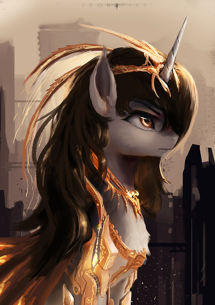 Size: 2480x3508 | Tagged: safe, artist:aidelank, derpibooru import, oc, oc:queen salinas, unofficial characters only, pony, unicorn, armor, city, female, headdress, jewelry, mare, solo