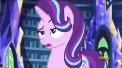 Size: 1136x640 | Tagged: safe, derpibooru import, screencap, starlight glimmer, pony, unicorn, equestria girls, mirror magic, spoiler:eqg specials, curious, discovery family logo, raised eyebrow, solo