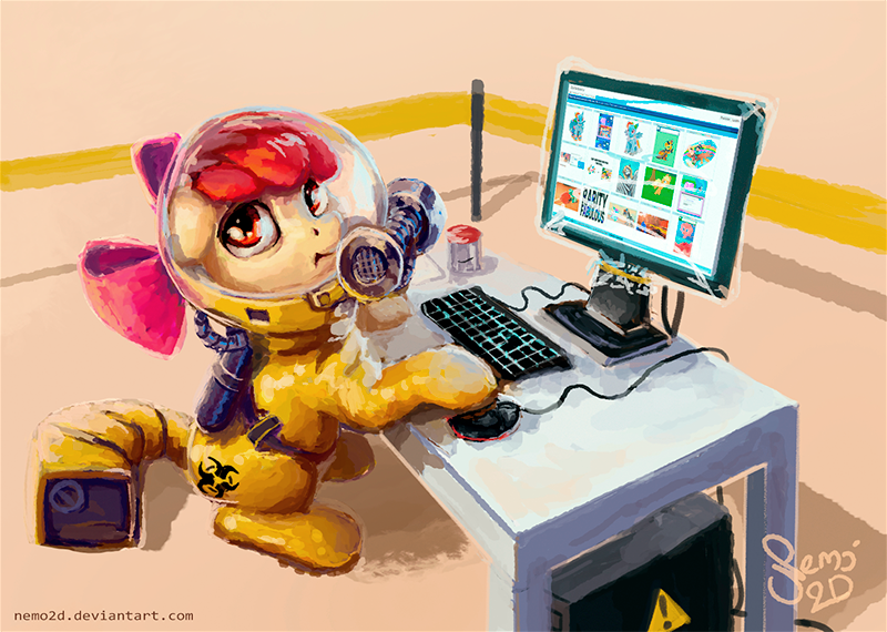 Size: 800x570 | Tagged: safe, artist:nemo2d, derpibooru import, apple bloom, earth pony, pony, derpibooru, computer, derpibooruception, female, filly, hazmat suit, keyboard, meta, monitor, solo, tabun art-battle