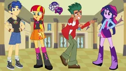 Size: 1280x720 | Tagged: safe, derpibooru import, flash sentry, sunset shimmer, timber spruce, twilight sparkle, equestria girls, elsagate, my little pony logo, palette swap, recolor, toy channel animations