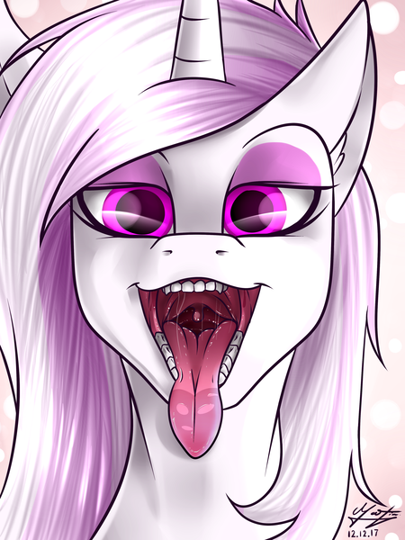 Size: 3000x4000 | Tagged: suggestive, artist:azerta56, derpibooru import, fleur-de-lis, unicorn, background pony, colored pupils, drool, female, human teeth, imminent vore, looking at you, maw, mawshot, open mouth, solo, solo female, tongue out