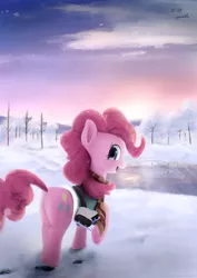 Size: 2480x3508 | Tagged: safe, artist:yvt-jp, derpibooru import, pinkie pie, earth pony, pony, winter wrap up, clothes, cloud, dawn, female, frozen, ice, ice skates, lake, looking at you, looking back, looking back at you, mare, plot, scarf, sky, snow, solo, tree, winter, winter wrap up vest