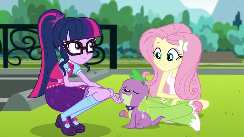 Size: 1912x1072 | Tagged: safe, derpibooru import, screencap, fluttershy, sci-twi, spike, spike the regular dog, twilight sparkle, dog, dance magic, equestria girls, spoiler:eqg specials, boots, bowtie, clothes, crossed legs, cute, eyes closed, fence, glasses, high heel boots, kneeling, mary janes, parking lot, ponytail, shoes, skirt, socks, tree