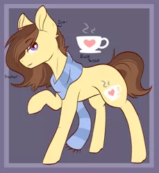 Size: 1024x1120 | Tagged: safe, artist:coffeequake, derpibooru import, oc, oc:coffee, unofficial characters only, earth pony, pony, clothes, coffee, cutie mark background, female, mare, raised hoof, reference sheet, scarf, solo