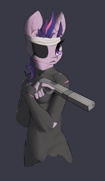 Size: 1167x2000 | Tagged: anthro, artist:thelittlesnake, derpibooru import, eyepatch, future twilight, gray background, gun, handgun, pistol, safe, silencerco osprey, simple background, solo, suppressor, twilight sparkle