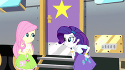 Size: 800x449 | Tagged: safe, derpibooru import, screencap, chestnut magnifico, fluttershy, rarity, equestria girls, movie magic, spoiler:eqg specials, animated, bracelet, clothes, door, face, female, gif, high heels, jewelry, legs, one eye closed, ouch, shoes, skirt, slapstick, trio, wavy mouth
