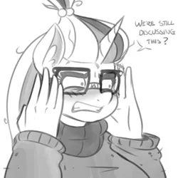 Size: 500x500 | Tagged: dead source, safe, artist:reiduran, derpibooru import, moondancer, anthro, unicorn, fanfic:universal acceptance, bust, clothes, dialogue, ear fluff, female, glasses, grayscale, gritted teeth, mare, monochrome, reaction image, simple background, sketch, solo, sweater, white background