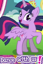 Size: 330x489 | Tagged: alicorn, artist:horsesplease, caption, cropped, dancing, derpibooru import, editor:horsesplease, expand dong, exploitable meme, gameloft, happy, image macro, meme, safe, smiling, twilight sparkle, twilight sparkle (alicorn)