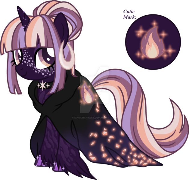 Size: 1024x978 | Tagged: safe, artist:magicdarkart, derpibooru import, oc, unofficial characters only, pony, unicorn, cloak, clothes, ear piercing, earring, female, jewelry, magical lesbian spawn, mare, offspring, parent:sunset shimmer, parent:twilight sparkle, parents:sunsetsparkle, piercing, simple background, solo, transparent background, unshorn fetlocks, watermark