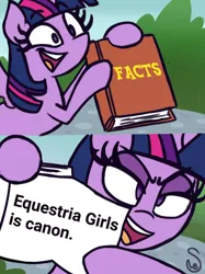 Size: 2048x2737 | Tagged: safe, artist:quarium edits, derpibooru import, edit, twilight sparkle, twilight sparkle (alicorn), alicorn, equestria girls, 2 panel comic, canon, comic, ed edd n eddy, exploitable, exploitable meme, meme, solo, twilight's fact book