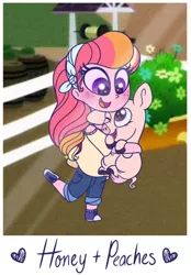 Size: 500x719 | Tagged: safe, artist:carouselunique, artist:honeycrisp-tales, derpibooru import, oc, oc:honeycrisp blossom, oc:peaches the pig, unofficial characters only, pig, equestria girls, converse, freckles, hairband, holding, offspring, parent:big macintosh, parent:princess cadance, parents:cadmac, pet, pet oc, shoes