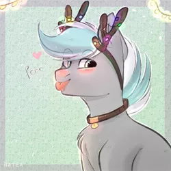 Size: 2160x2160 | Tagged: safe, artist:pesty_skillengton, derpibooru import, oc, unofficial characters only, deer, deer pony, original species, antlers, blushing, collar, cute, garland, reindeer antlers, solo, tongue out