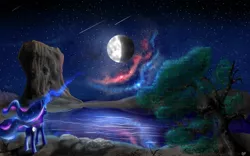 Size: 1024x640 | Tagged: safe, artist:pinkiefloydy, derpibooru import, princess luna, pony, desert, female, lake, magic, mare, moon, moonbutt, moonlight, night, stars