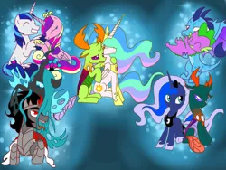 Size: 1024x768 | Tagged: artist:andromedasparkz, carrying, changedling, changedling brothers, changeling, chrysombra, derpibooru import, dragon, emberspike, female, king sombra, king thorax, lunarynx, male, pharynx, prince pharynx, princess cadance, princess celestia, princess ember, princess luna, queen chrysalis, safe, shining armor, shiningcadance, shipping, spike, straight, thoralestia, thorax