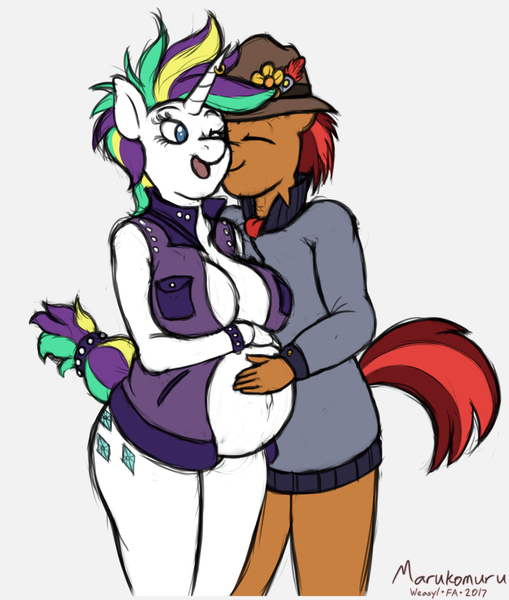 Size: 852x1004 | Tagged: alternate hairstyle, anthro, artist:marukomuru, belly button, breasts, derpibooru import, duo, female, hand on belly, hat, horn piercing, male, mare, nuzzling, open mouth, piercing, preggity, pregnant, punk, raripunk, raripuss, rarity, shipping, sketch, sourpuss, stallion, straight, suggestive