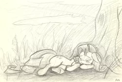 Size: 3440x2332 | Tagged: safe, artist:maneingreen, derpibooru import, rarity, pony, unicorn, eyes closed, floppy ears, lying down, nap, nature, peaceful, sketch, sleeping, solo, traditional art, tree, under the tree