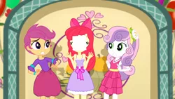 Size: 1366x768 | Tagged: safe, derpibooru import, screencap, apple bloom, scootaloo, sweetie belle, a photo booth story, eqg summertime shorts, equestria girls, cutie mark crusaders, fall formal, fall formal outfits, photo, shocked