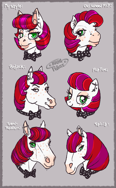 Size: 916x1487 | Tagged: artist:rottenroadkill, bowtie, bust, derpibooru import, ear piercing, earring, eyeshadow, female, freckles, hoers, jewelry, lips, looking at you, makeup, mare, oc, oc:filthyhooves, piercing, safe, style emulation, unofficial characters only