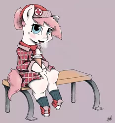 Size: 2000x2143 | Tagged: artist:redcladhero, clothes, derpibooru import, flannel, hat, nurse redheart, safe, scarf, semi-anthro, shoes, sneakers, socks, solo