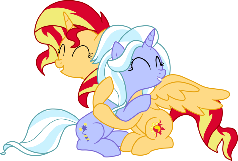 Size: 1856x1252 | Tagged: safe, artist:luckyclau, derpibooru import, sugarcoat, sunset shimmer, ponified, alicorn, pony, unicorn, alicornified, alternate hairstyle, equestria girls ponified, eyes closed, female, hug, mare, race swap, shimmercorn, simple background, transparent background, vector