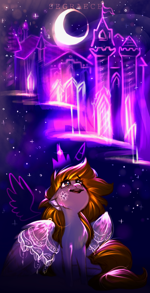 Size: 1599x3100 | Tagged: alicorn, artist:segraece, aurora borealis, castle, derpibooru import, female, flower, happy, lace, moon, night, oc, oc:golden rain, plushie, princess, safe, sky, solo, tattoo, unofficial characters only