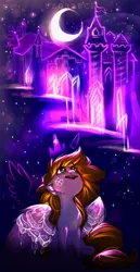 Size: 1599x3100 | Tagged: alicorn, artist:segraece, aurora borealis, castle, derpibooru import, female, flower, happy, lace, moon, night, oc, oc:golden rain, plushie, princess, safe, sky, solo, tattoo, unofficial characters only