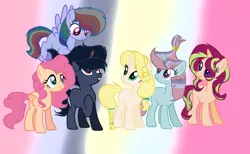 Size: 2600x1600 | Tagged: safe, artist:theapplebeauty, derpibooru import, oc, oc:crystal melody night, oc:golden apple, oc:magic moon star, oc:raspberry sparkle, oc:sunrise rays, oc:sweetness shy, unofficial characters only, pegasus, pony, unicorn, female, magical lesbian spawn, mare, offspring, parent:applejack, parent:fluttershy, parent:king sombra, parent:moondancer, parent:pinkie pie, parent:princess luna, parent:rainbow dash, parent:rarity, parent:trixie, parent:twilight sparkle, parents:flutterpie, parents:lumbra, parents:rarijack, parents:shimmerglimmer, parents:trickdancer, parents:twidash