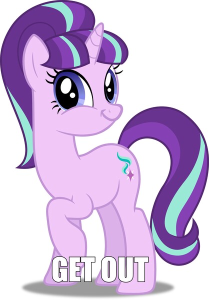 Size: 1911x2743 | Tagged: safe, artist:dashiesparkle, derpibooru import, edit, editor:binkyt11, vector edit, starlight glimmer, pony, unicorn, faic, female, get out, image macro, looking at you, mare, meme, simple background, smirk, solo, twiface, vector, white background, wrong neighborhood