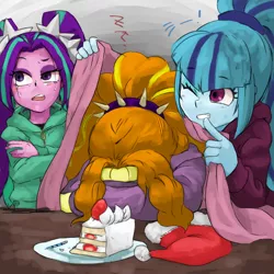 Size: 762x762 | Tagged: safe, artist:kogarasumaru24, derpibooru import, adagio dazzle, aria blaze, sonata dusk, equestria girls, adoragio, ariabetes, blanket, cake, candle, christmas, cute, food, hat, head down, heartwarming, holiday, sad, santa hat, sleeping, sonatabetes, sweet dreams fuel, the dazzlings, zzz