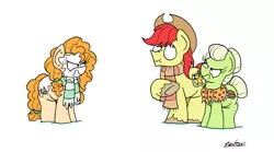 Size: 3064x1702 | Tagged: safe, artist:bobthedalek, derpibooru import, bright mac, granny smith, pear butter, pony, the perfect pear, clothes, female, granny smith is not amused, husband and wife, liar face, liarpony, male, mother and child, mother and daughter-in-law, mother and son, pear butter is not amused, scarf, scrunchy face, simple background, snow, this will end in a night on the couch, unamused, unshorn fetlocks, white background, young granny smith, younger