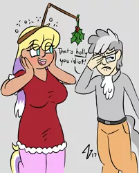 Size: 1298x1615 | Tagged: artist:heretichesh, derpibooru import, drunk, holly, holly mistaken for mistletoe, human, oc, oc:cristal, oc:mason, offspring, parent:diamond tiara, parent:mayor mare, safe, satyr, unofficial characters only