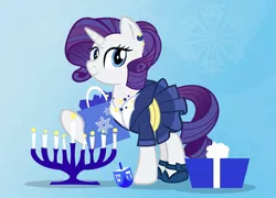 Size: 1000x720 | Tagged: safe, artist:pixelkitties, derpibooru import, rarity, unicorn, candle, clothes, dreidel, dress, ear piercing, earring, female, gift bag, hanukkah, jew rarity, jewelry, jewnicorn, judaism, mare, menorah, necklace, piercing, present, shoes, solo