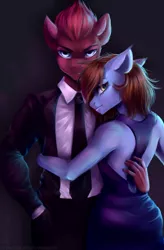 Size: 1981x3027 | Tagged: anthro, artist:zefirayn, cheek fluff, clothes, commission, derpibooru import, digital art, dress, duo, ear fluff, female, looking at you, looking back, looking back at you, male, necktie, oc, oc:amber pura, oc:deces, safe, serious, serious face, signature, suit, unofficial characters only, vexel, ych result