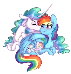 Size: 1048x1096 | Tagged: safe, artist:saphi-boo, derpibooru import, princess celestia, rainbow dash, oc, alicorn, pegasus, pony, blushing, dashlestia, female, foal, kiss on the cheek, kissing, lesbian, magical lesbian spawn, next generation, offspring, parent:princess celestia, parent:rainbow dash, parents:dashlestia, shipping, simple background