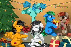 Size: 4117x2757 | Tagged: safe, artist:pridark, derpibooru import, oc, oc:blitzy, oc:interrobang, oc:linework, oc:twintails, oc:winterlight, unofficial characters only, earth pony, pegasus, pony, chest fluff, christmas, christmas lights, christmas tree, commission, eyes closed, high res, holiday, indoors, open mouth, present, tree