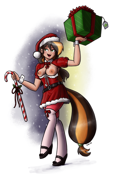 Size: 833x1280 | Tagged: questionable, artist:king-kakapo, derpibooru import, edit, editor:/d/non, oc, oc:darcy, unofficial characters only, satyr, breastless clothes, breasts, candy, candy cane, christmas, clothes, costume, dress, female, food, hat, high heels, holiday, holly, nipples, nudity, offspring, parent:big macintosh, present, santa costume, santa hat, sexy, sexy santa costume, shoes, snow, snowfall, socks, solo, stockings, thigh highs