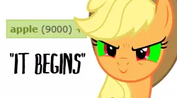 Size: 909x506 | Tagged: safe, derpibooru import, edit, editor:moonatik, applejack, earth pony, pony, derpibooru, apple, cowboy hat, evil, evil grin, female, food, happy, hat, image macro, inverted mouth, it begins, mare, meme, meta, over 9000, pure unfiltered evil, scrunchy face, silly, silly pony, simple background, smiling, solo, sombra eyes, tags, that pony sure does love apples, this will end in apples, white background, who's a silly pony