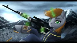 Size: 3920x2205 | Tagged: safe, artist:dezdark, derpibooru import, oc, oc:littlepip, unofficial characters only, pony, unicorn, fallout equestria, fanfic, clothes, dead tree, fanfic art, female, glowing horn, gun, hooves, horn, levitation, magic, mare, mountain, mountain range, optical sight, pipbuck, rifle, scenery, solo, teeth, telekinesis, tree, vault suit, wasteland, weapon