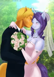 Size: 748x1069 | Tagged: safe, artist:therealkyuubi16, derpibooru import, rarity, ponified, anthro, earth pony, fox, unicorn, anime, bouquet, clothes, crossover, dress, eyes closed, female, flower, gloves, kyuubi, long gloves, male, marriage, naruto, not applejack, suit, uzumaki naruto, wedding, wedding dress