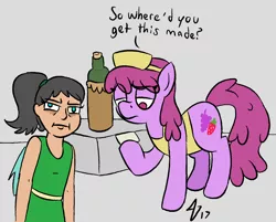 Size: 1496x1201 | Tagged: alcohol, artist:heretichesh, berry punch, berryshine, derpibooru import, fake id, oc, oc:mistake, offspring, parent:queen chrysalis, safe, satyr, wine