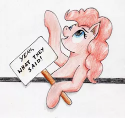 Size: 1992x1876 | Tagged: safe, artist:40kponyguy, derpibooru import, pinkie pie, earth pony, pony, ear fluff, female, hoof hold, looking up, mare, raised hoof, reaction image, sign, solo, traditional art