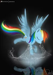 Size: 3508x4961 | Tagged: safe, artist:edonovaillustrator, derpibooru import, rainbow dash, pegasus, pony, black background, eyes closed, female, landing, lineless, mare, patreon, patreon logo, reflection, simple background, solo, spread wings, water, wings