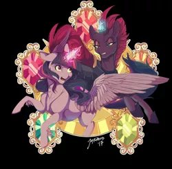 Size: 2592x2551 | Tagged: safe, artist:clockworkquartet, derpibooru import, tempest shadow, twilight sparkle, twilight sparkle (alicorn), alicorn, pony, unicorn, my little pony: the movie, angry, black background, broken horn, duo, eye scar, glowing horn, magic, magic aura, scar, simple background, sparking horn