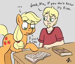 Size: 1501x1287 | Tagged: safe, artist:heretichesh, derpibooru import, applejack, oc, oc:bucky, earth pony, pony, satyr, ..., book, calculus, dialogue, facial hair, fancy mathematics, female, frown, goatee, gradient background, gray background, lidded eyes, male, mare, math, mother and son, no pupils, offspring, parent:applejack, raised hoof, reading, simple background, table, unamused, wide eyes